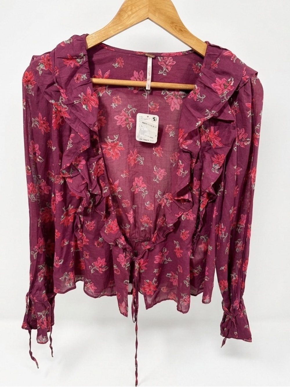 NWT Free People Amanda Pink Floral Ruffle Blouse 100% Cotton XS